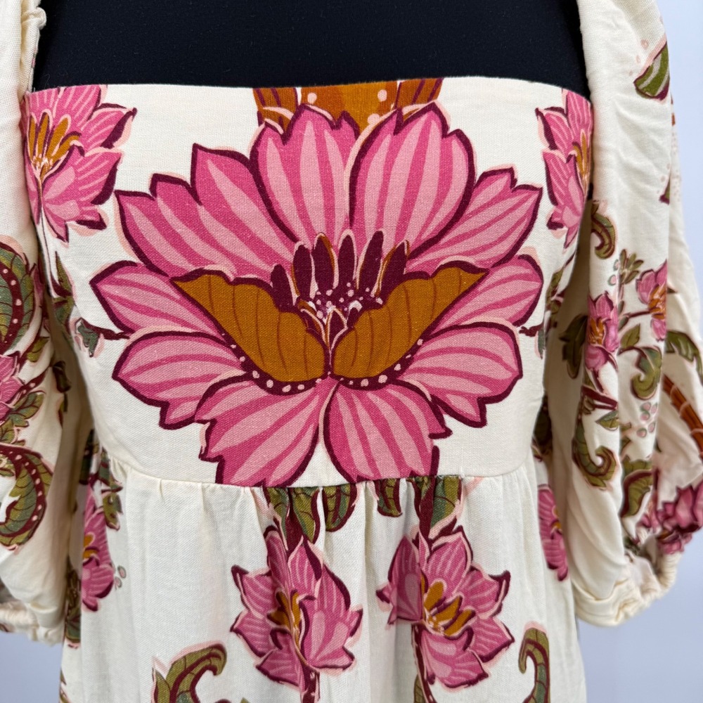 Farm Rio Tropical Floral Palm Tree Puff Sleeve Maxi Dress Cream Pink Green Small - Picture 14 of 16